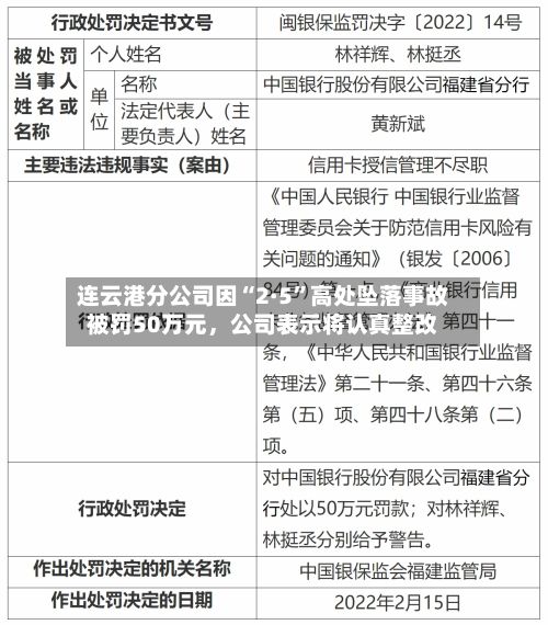 连云港分公司因“2·5”高处坠落事故被罚50万元	，公司表示将认真整改-第1张图片
